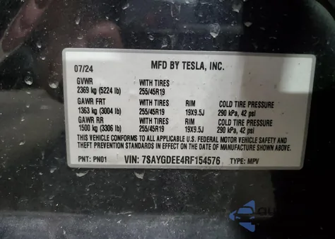 2024 Tesla Model Y из США, поврежденный, VIN 7SAYGDEE4RF154576